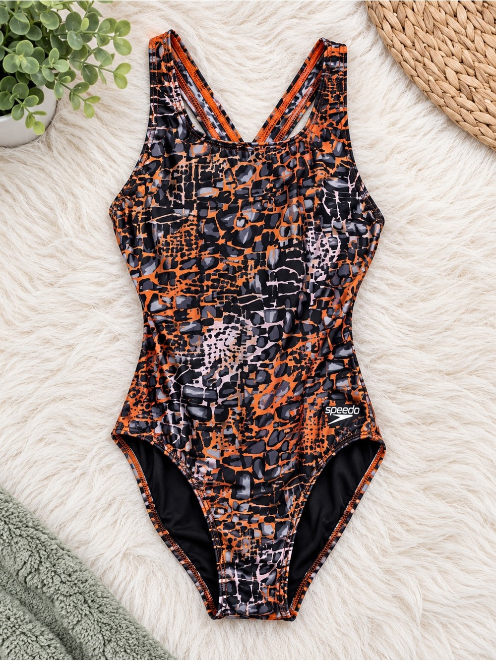 Speedo Black and Orange Abstract Swim One-Piece 5